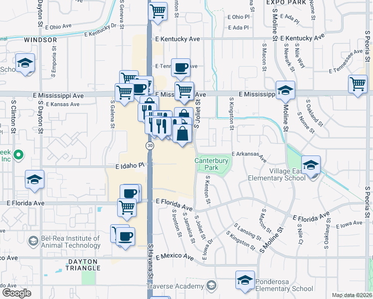 map of restaurants, bars, coffee shops, grocery stores, and more near 1350 South Ironton Street in Aurora