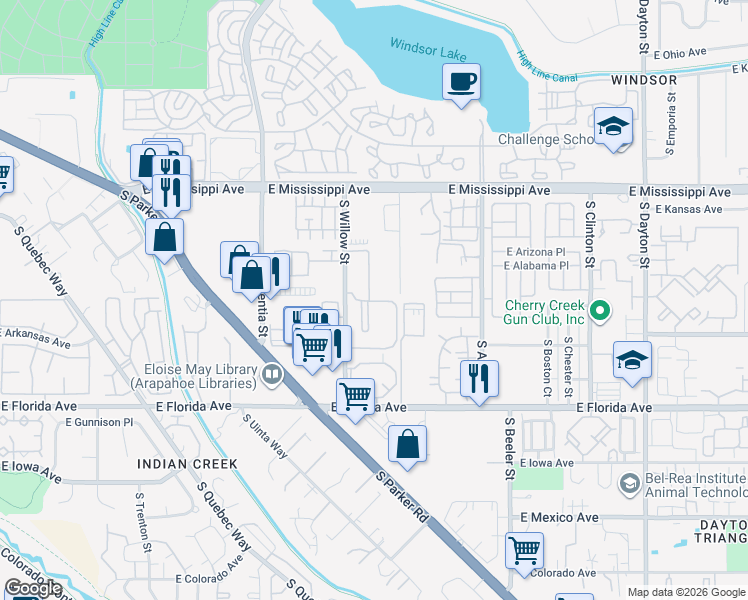 map of restaurants, bars, coffee shops, grocery stores, and more near 1300 South Willow Street in Denver
