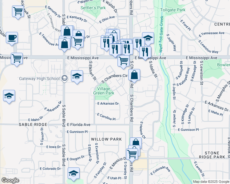 map of restaurants, bars, coffee shops, grocery stores, and more near 15108 East Louisiana Drive in Aurora