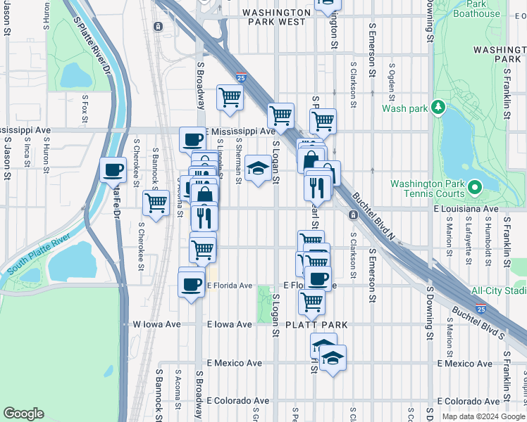 map of restaurants, bars, coffee shops, grocery stores, and more near 308 East Louisiana Avenue in Denver