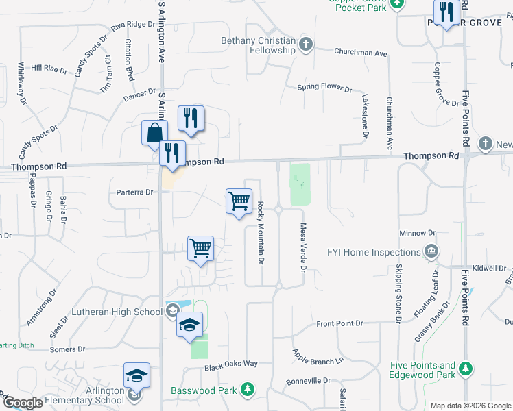 map of restaurants, bars, coffee shops, grocery stores, and more near 5127 Grand Tetons Drive in Indianapolis