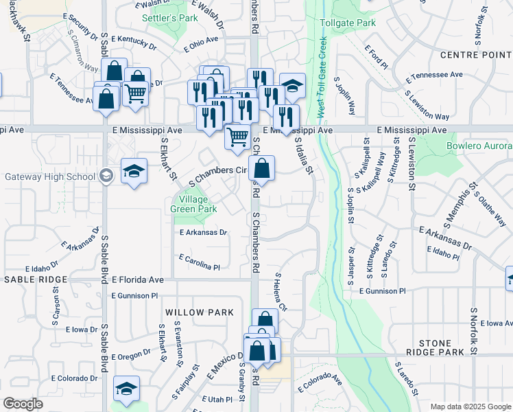 map of restaurants, bars, coffee shops, grocery stores, and more near 1284 South Chambers Road in Aurora