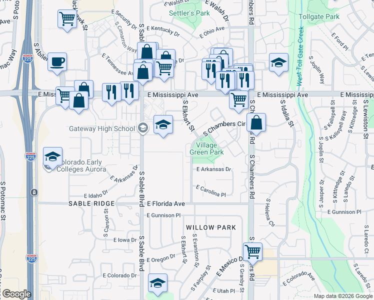 map of restaurants, bars, coffee shops, grocery stores, and more near 1309 South Chambers Circle in Aurora