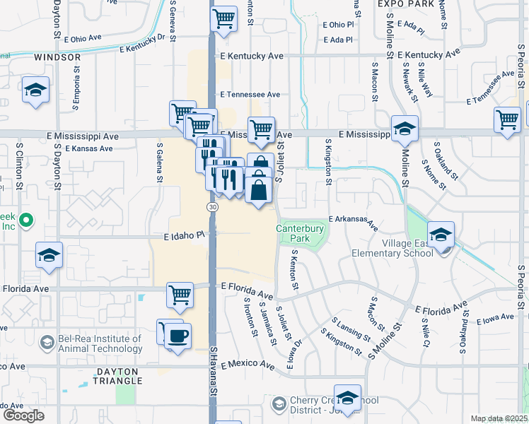 map of restaurants, bars, coffee shops, grocery stores, and more near 1350 South Joliet Street in Aurora