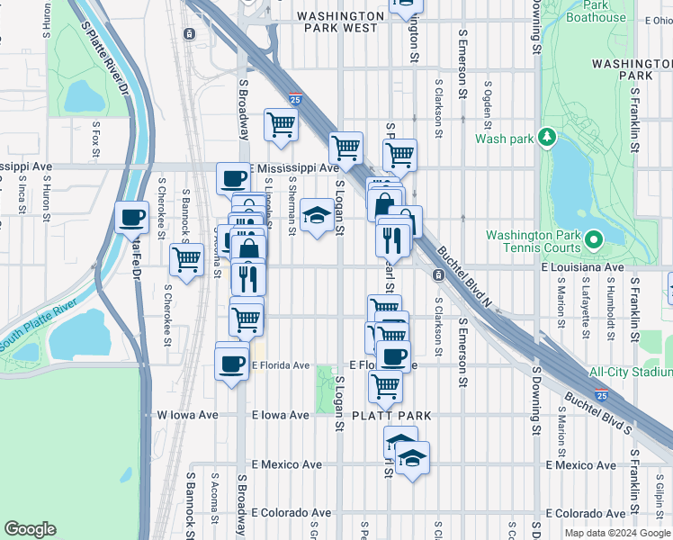 map of restaurants, bars, coffee shops, grocery stores, and more near 308 East Louisiana Avenue in Denver