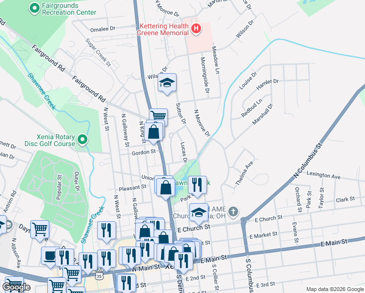 map of restaurants, bars, coffee shops, grocery stores, and more near 582 Lucas Drive in Xenia
