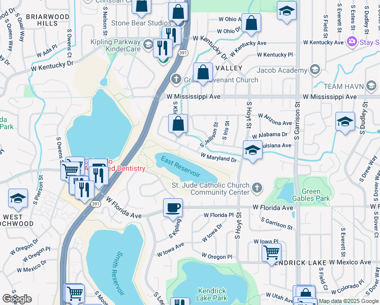 map of restaurants, bars, coffee shops, grocery stores, and more near 9864 West Maryland Drive in Lakewood