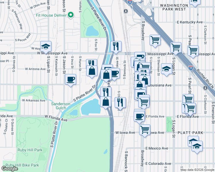 map of restaurants, bars, coffee shops, grocery stores, and more near 1280-1290 South Platte River Drive East in Denver