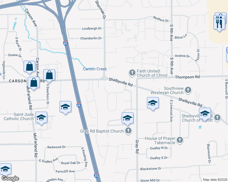 map of restaurants, bars, coffee shops, grocery stores, and more near 3844 Dahoma Drive in Indianapolis