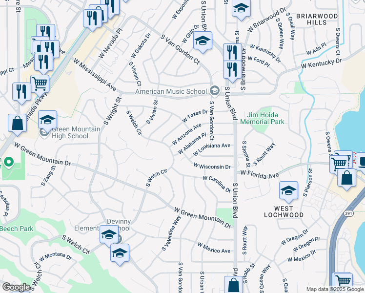 map of restaurants, bars, coffee shops, grocery stores, and more near 12369 West Alabama Place in Lakewood