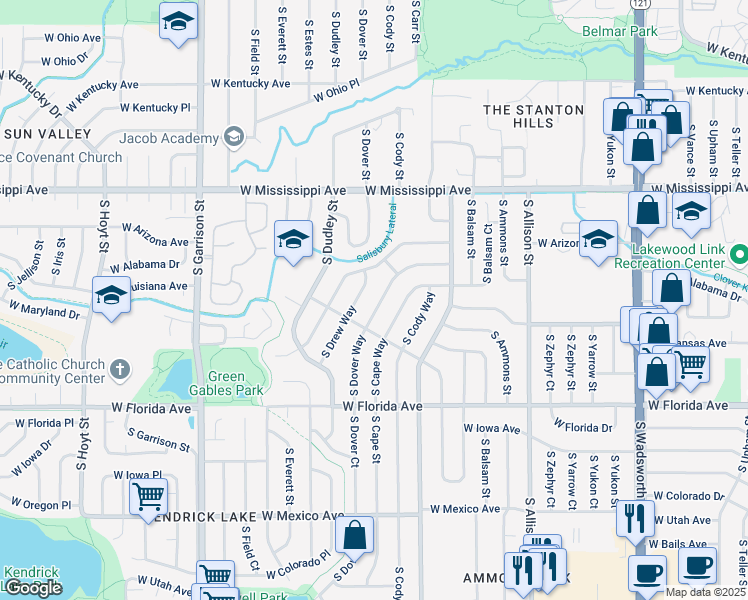 map of restaurants, bars, coffee shops, grocery stores, and more near 1335 South Dover Way in Lakewood