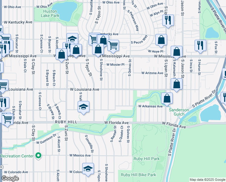 map of restaurants, bars, coffee shops, grocery stores, and more near 1301 South Raritan Street in Denver