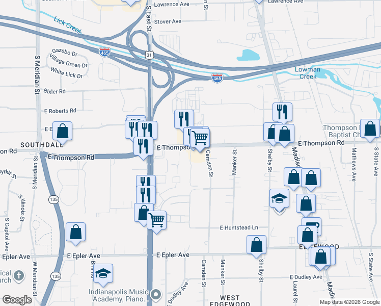 map of restaurants, bars, coffee shops, grocery stores, and more near 711 Thompson Road in Indianapolis