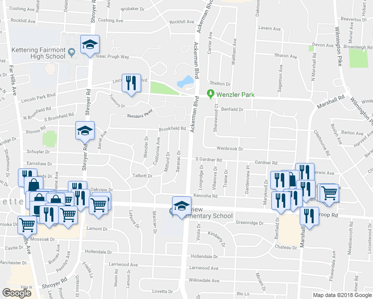 map of restaurants, bars, coffee shops, grocery stores, and more near 3737 Ackerman Boulevard in Dayton