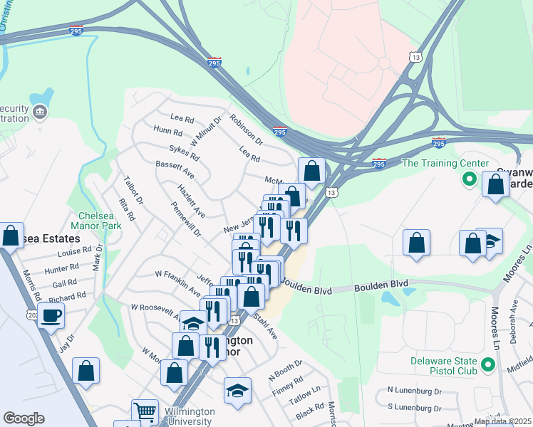 map of restaurants, bars, coffee shops, grocery stores, and more near 8 Carvel Avenue in Wilmington Manor