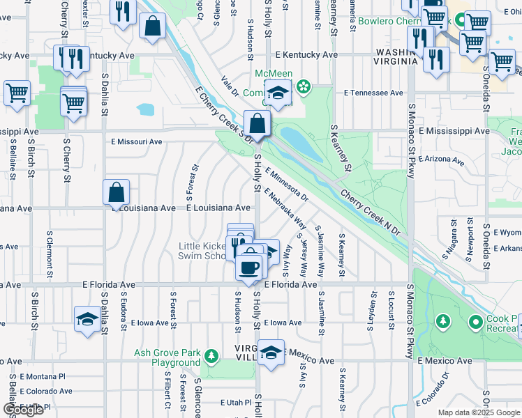 map of restaurants, bars, coffee shops, grocery stores, and more near 1300 South Holly Street in Denver