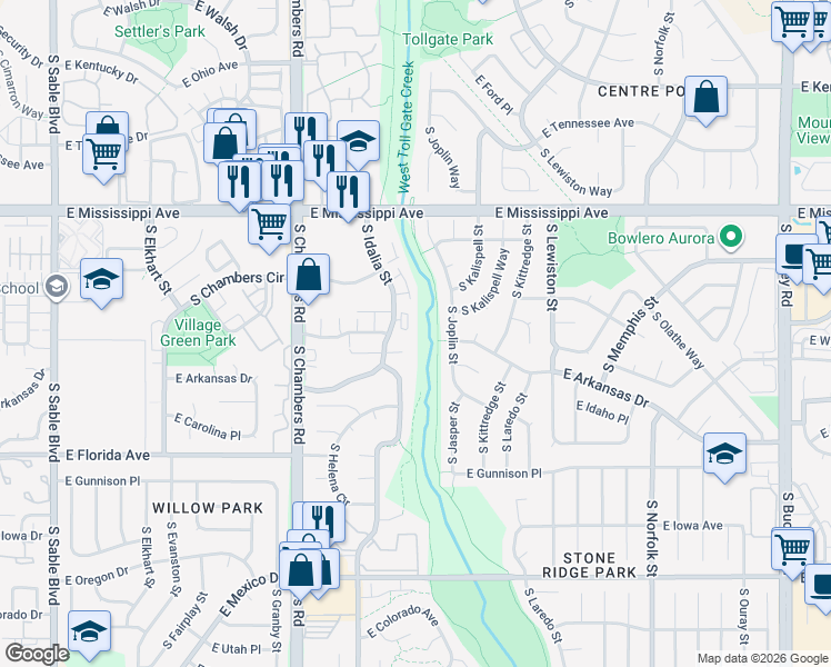 map of restaurants, bars, coffee shops, grocery stores, and more near 1264 South Idalia Street in Aurora