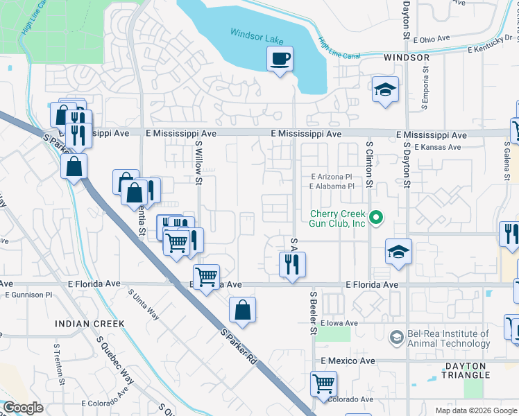 map of restaurants, bars, coffee shops, grocery stores, and more near 1305 South Akron Way in Denver