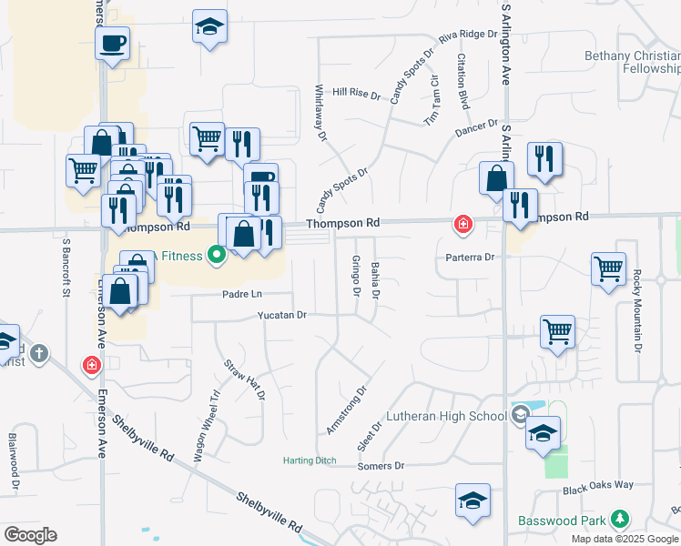 map of restaurants, bars, coffee shops, grocery stores, and more near 5109 Pappas Drive in Indianapolis