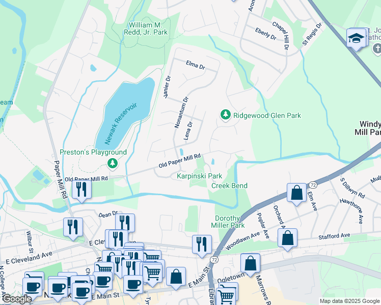 map of restaurants, bars, coffee shops, grocery stores, and more near 338 Old Paper Mill Road in Newark
