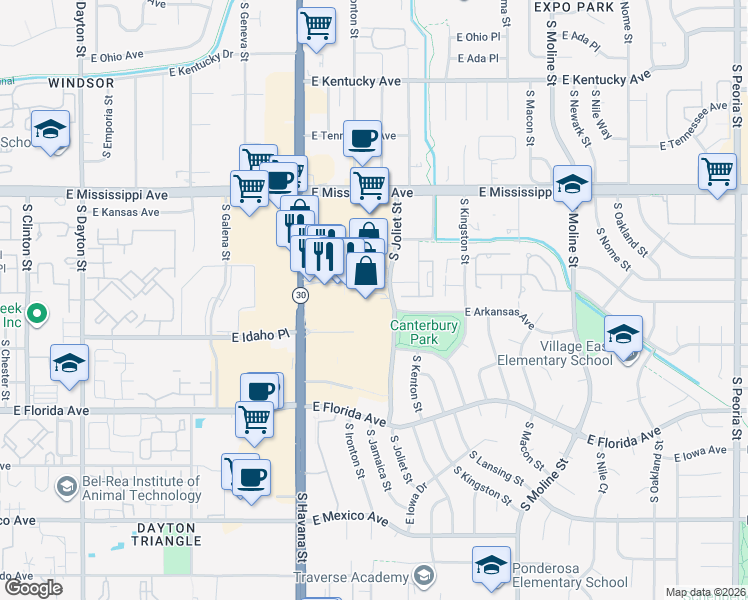 map of restaurants, bars, coffee shops, grocery stores, and more near 1350 South Joliet Street in Aurora