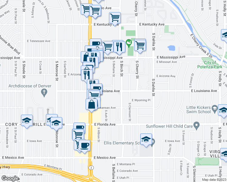 map of restaurants, bars, coffee shops, grocery stores, and more near E Louisiana Ave & S Bellaire St in Denver