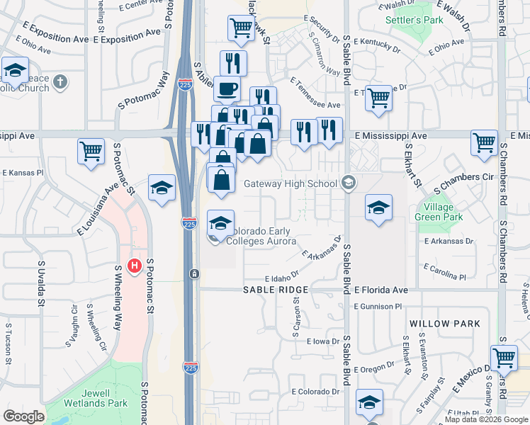 map of restaurants, bars, coffee shops, grocery stores, and more near 1302 South Billings Street in Aurora