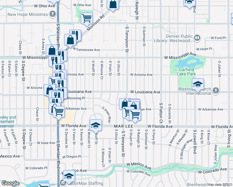 map of restaurants, bars, coffee shops, grocery stores, and more near 1301 South Utica Street in Denver