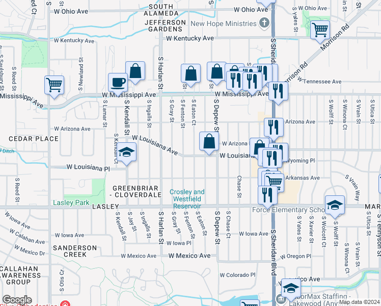 map of restaurants, bars, coffee shops, grocery stores, and more near 5777 West Louisiana Avenue in Lakewood