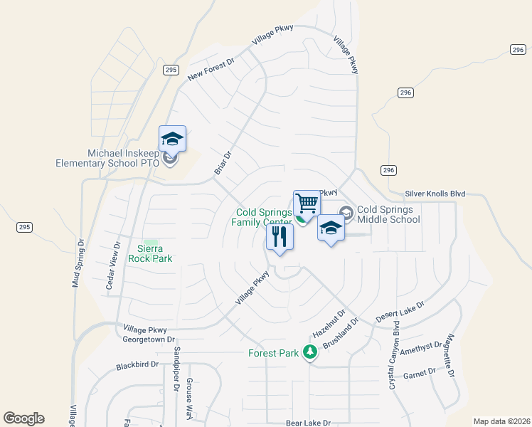 map of restaurants, bars, coffee shops, grocery stores, and more near 18375 Narrowleaf Court in Reno