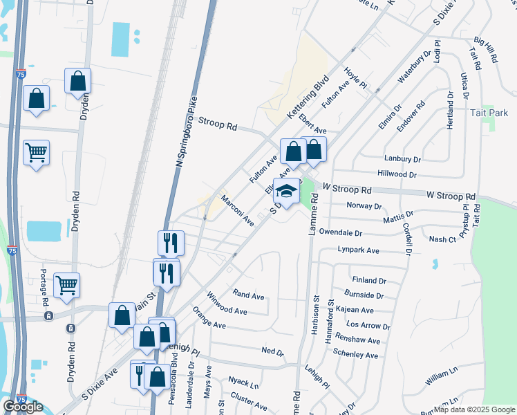 map of restaurants, bars, coffee shops, grocery stores, and more near 4128 Ellery Avenue in Moraine