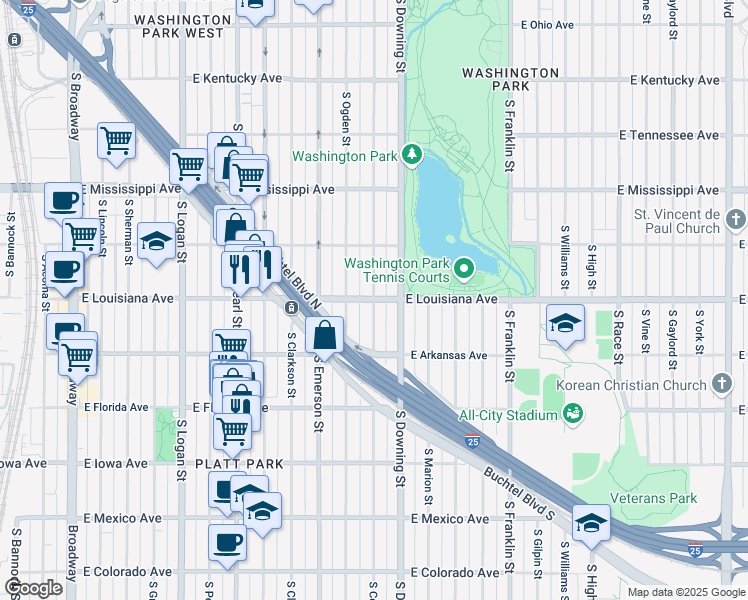 map of restaurants, bars, coffee shops, grocery stores, and more near 1300 South Corona Street in Denver