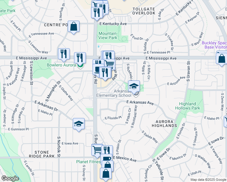 map of restaurants, bars, coffee shops, grocery stores, and more near 17123 East Wyoming Drive in Aurora