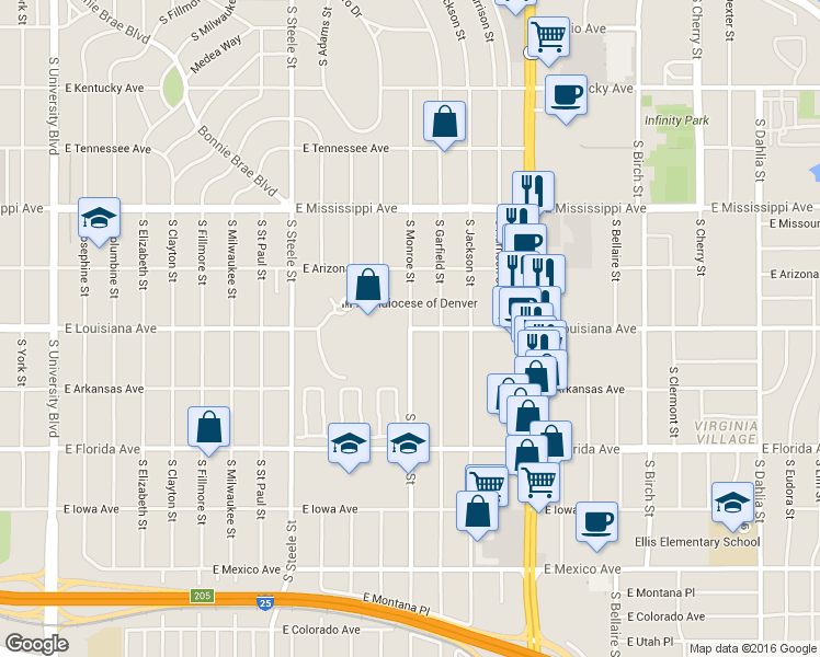 map of restaurants, bars, coffee shops, grocery stores, and more near 1299 South Monroe Street in Denver