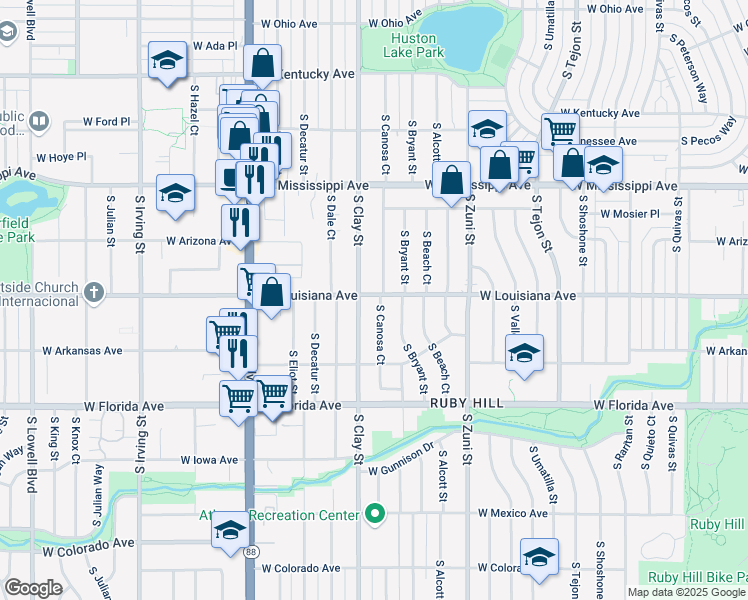map of restaurants, bars, coffee shops, grocery stores, and more near 2658 West Louisiana Avenue in Denver