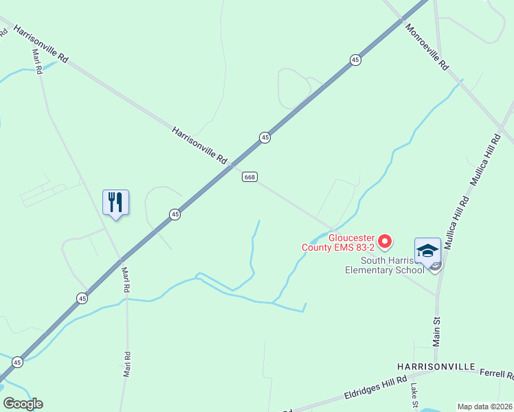 map of restaurants, bars, coffee shops, grocery stores, and more near 611 Harrisonville Road in South Harrison