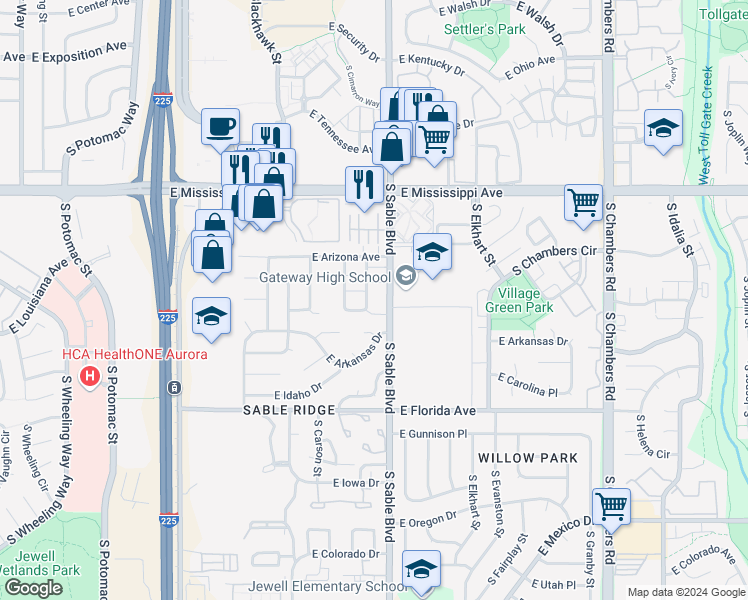 map of restaurants, bars, coffee shops, grocery stores, and more near 1300 South Dillon Way in Aurora