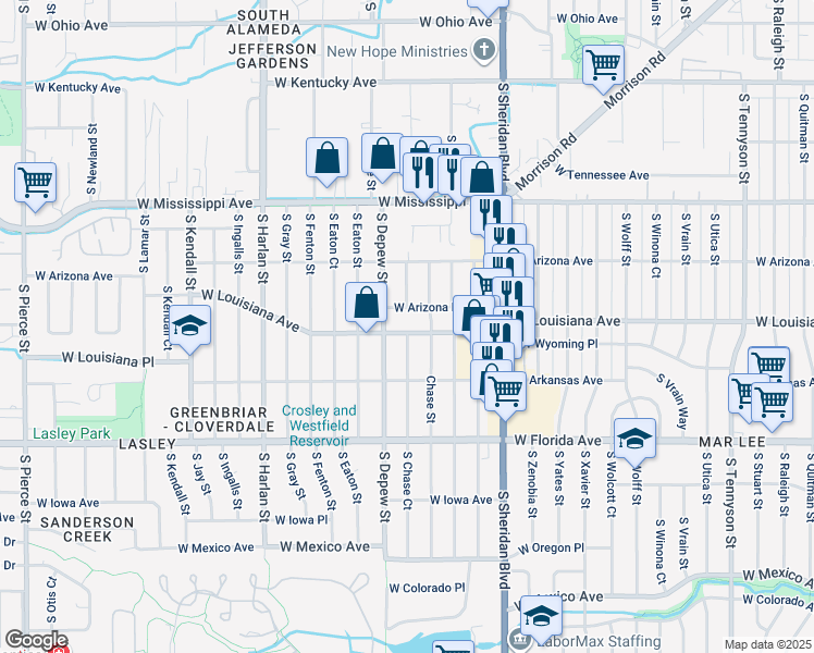 map of restaurants, bars, coffee shops, grocery stores, and more near 5561 West Louisiana Avenue in Lakewood