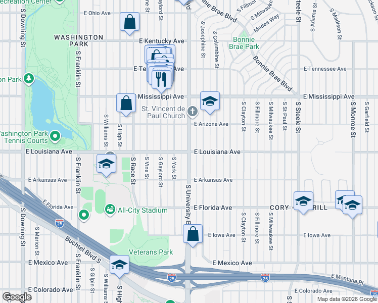 map of restaurants, bars, coffee shops, grocery stores, and more near 1299 South University Boulevard in Denver