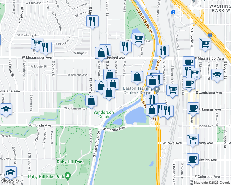 map of restaurants, bars, coffee shops, grocery stores, and more near 1305 South Inca Street in Denver