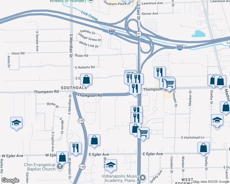 map of restaurants, bars, coffee shops, grocery stores, and more near 302 Thompson Road in Indianapolis