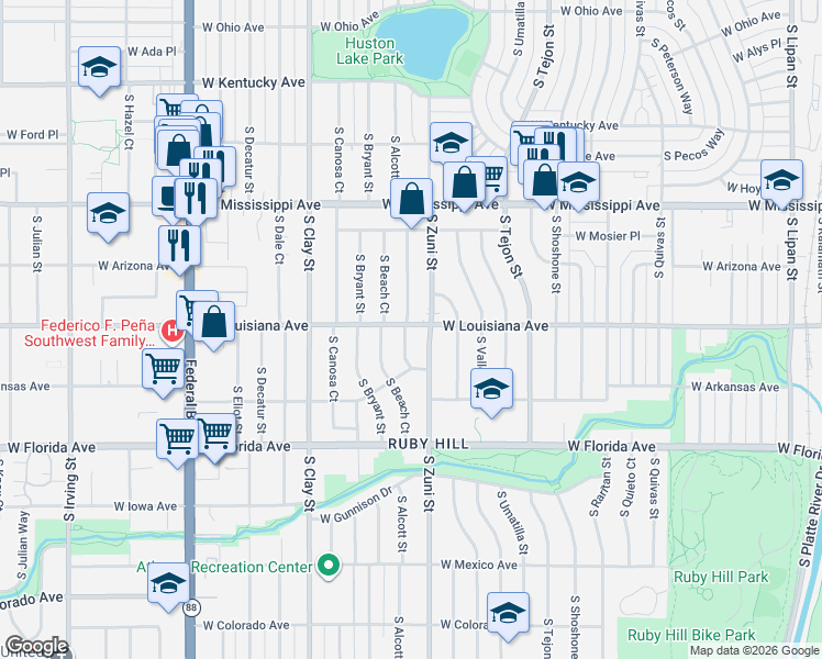 map of restaurants, bars, coffee shops, grocery stores, and more near 1300 South Alcott Street in Denver