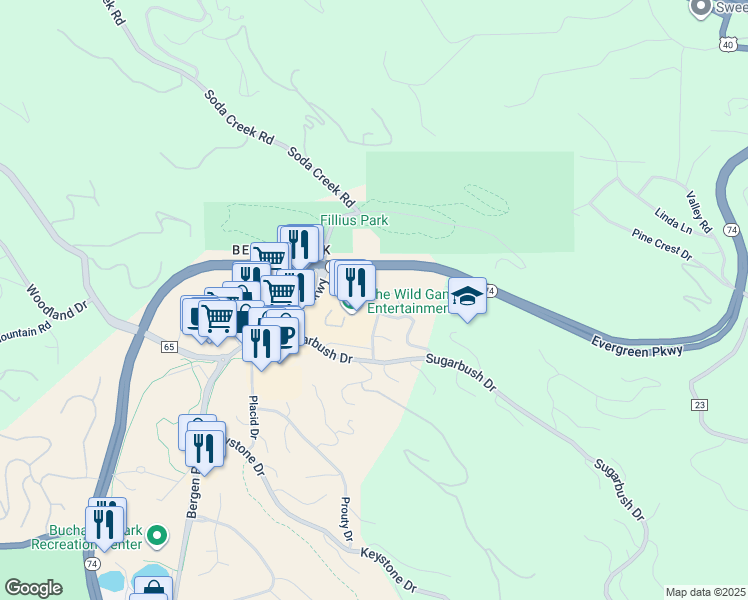 map of restaurants, bars, coffee shops, grocery stores, and more near 1194 Red Lodge Drive in Evergreen