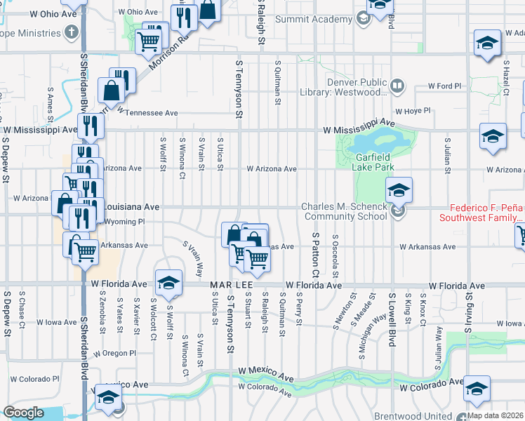 map of restaurants, bars, coffee shops, grocery stores, and more near 1300 South Raleigh Street in Denver