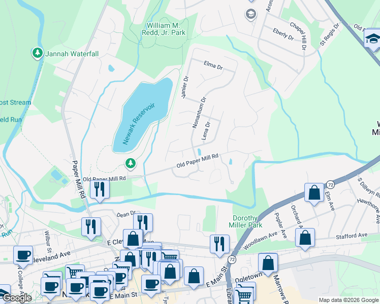 map of restaurants, bars, coffee shops, grocery stores, and more near 199 Wilkerdean Drive West in Newark