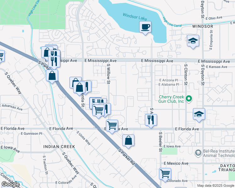 map of restaurants, bars, coffee shops, grocery stores, and more near 1300 South Willow Street in Denver