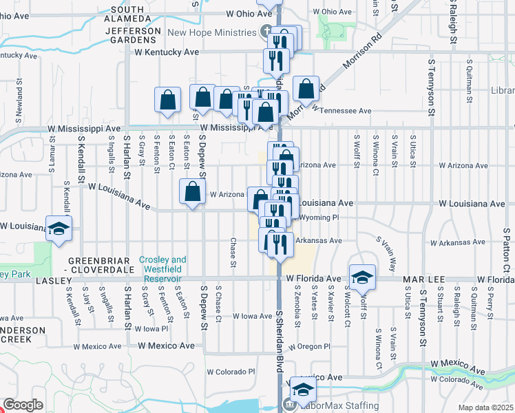 map of restaurants, bars, coffee shops, grocery stores, and more near 1289 South Sheridan Boulevard in Lakewood