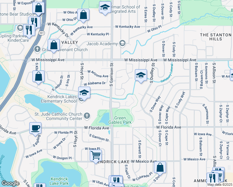 map of restaurants, bars, coffee shops, grocery stores, and more near 1237 South Flower Circle in Lakewood