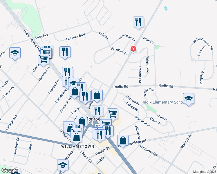 map of restaurants, bars, coffee shops, grocery stores, and more near 336 Broad Street in Monroe