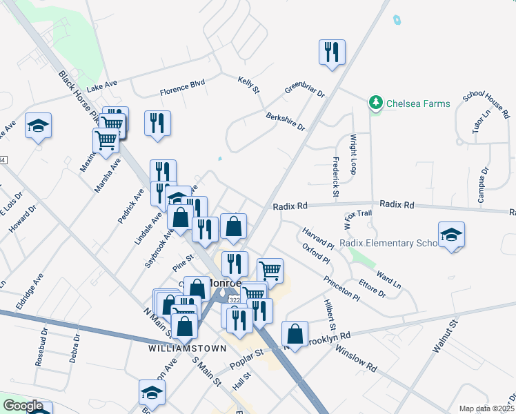 map of restaurants, bars, coffee shops, grocery stores, and more near 336 Broad Street in Monroe